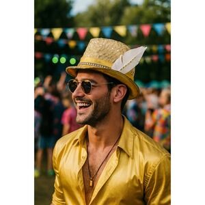 Sequin Fedora Hat Gold Metallic‎ Feather Accent Party Costume One Size